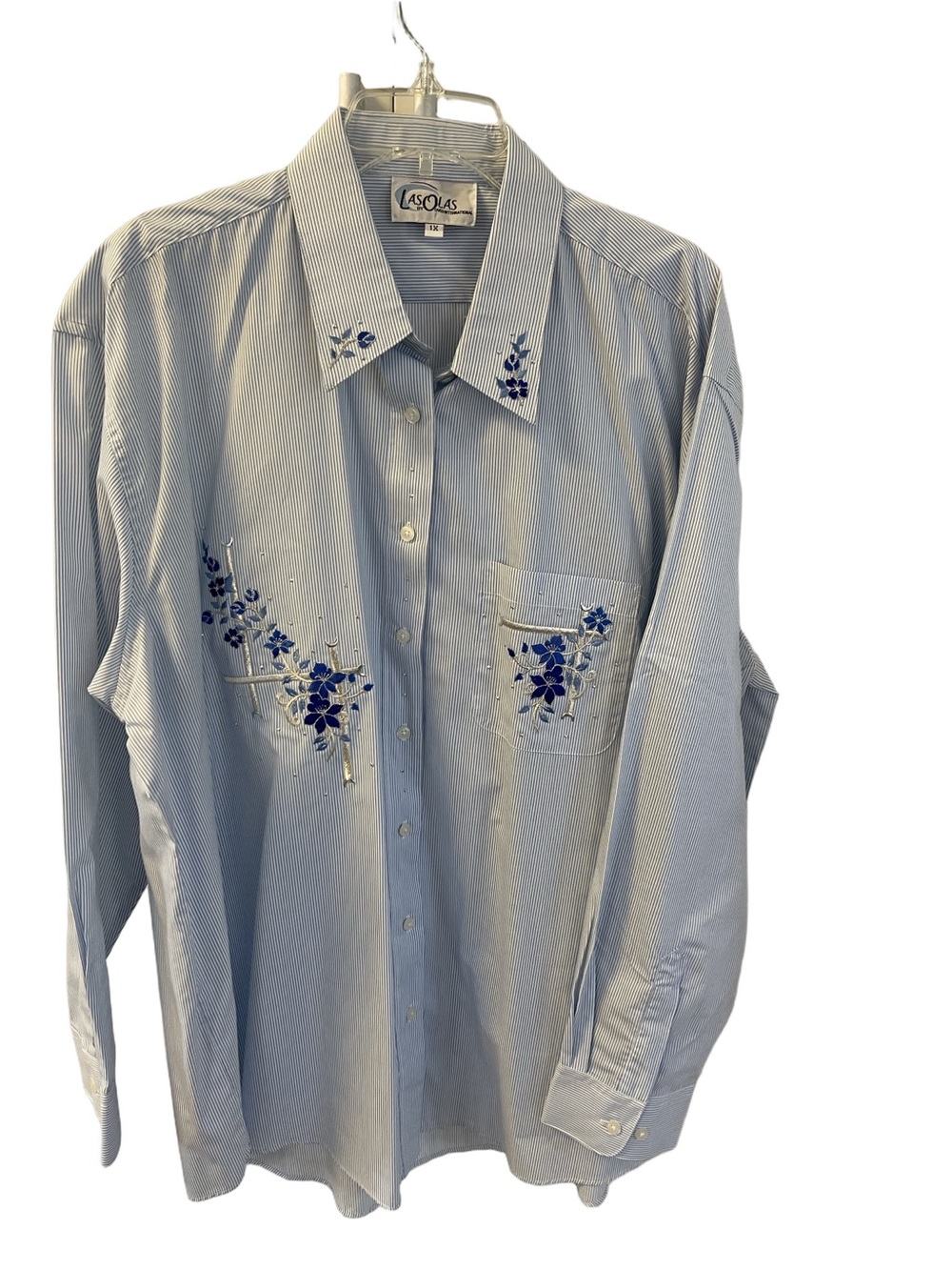 Las Olas Women’s BlueStripes Embroidered Appliqué Button-Up Shirt Sz 1X NWOT